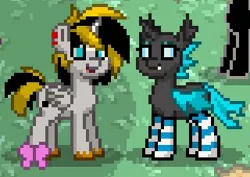 Size: 320x226 | Tagged: safe, derpibooru import, oc, oc:abby, oc:thunder scratch, unofficial characters only, alicorn, changeling, pony, pony town, alicorn oc, changeling oc, clothes, socks, striped socks