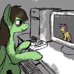 Size: 600x600 | Tagged: safe, artist:thebathwaterhero, derpibooru import, oc, oc:brandy byte, oc:cold file, unofficial characters only, pegasus, pony, cyoa:semantic error, artificial intelligence, cassette player, cassette tape, computer, cyberpunk, cyoa, female, keyboard, male, mare, stallion, story included