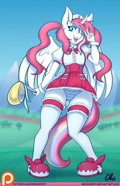 Size: 825x1275 | Tagged: alicorn, alicorn oc, anthro, anthro oc, artist:nekocrispy, clothes, crossdressing, cute, derpibooru import, femboy, golf club, intersex, magical girl, male, oc, oc:nekonin, open mouth, pangya, panties, peace sign, pigtails, plantigrade anthro, shoes, skirt, skirt lift, smiling, solo, solo male, spread wings, suggestive, twintails, underwear, unofficial characters only, upskirt