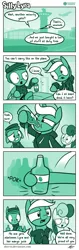 Size: 621x1961 | Tagged: safe, artist:dori-to, derpibooru import, bon bon, lyra heartstrings, sweetie drops, earth pony, pony, unicorn, comic:silly lyra, airport, airport security, clothes, comic, dialogue, drinking, female, green background, greenscale, hoodie, juice, lidded eyes, mango juice, mare, monochrome, open mouth, silly lyra, simple background, smiling