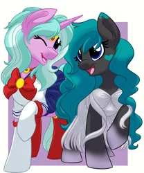 Size: 1000x1200 | Tagged: safe, artist:itstaylor-made, derpibooru import, oc, oc:karma, oc:sapphire night, unofficial characters only, alicorn, pony, alicorn oc, banshee, clothes, costume, cute, dress, nightmare night, one eye closed, sailor moon, sailor scout, wink