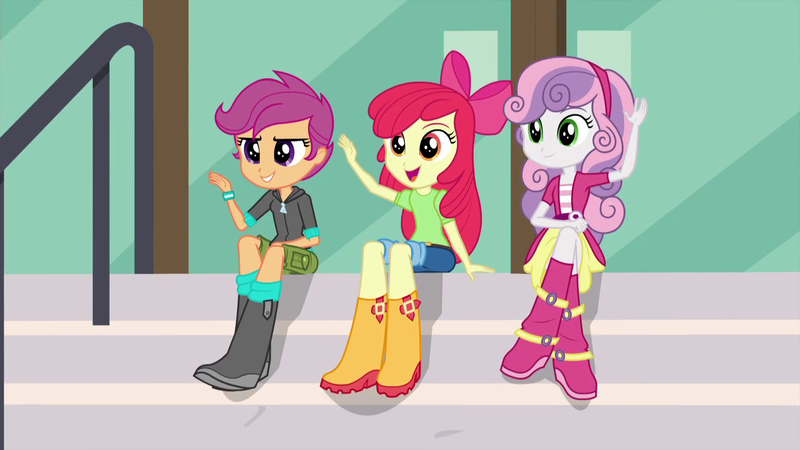 Size: 1280x720 | Tagged: safe, derpibooru import, screencap, apple bloom, scootaloo, sweetie belle, equestria girls, friendship games, boots, clothes, cutie mark crusaders, jacket, jeans, pants, shirt, shoes, shorts, sitting, skirt, trio, waving