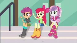 Size: 1280x720 | Tagged: safe, derpibooru import, screencap, apple bloom, scootaloo, sweetie belle, equestria girls, friendship games, boots, clothes, cutie mark crusaders, jacket, jeans, pants, shirt, shoes, shorts, sitting, skirt, trio, waving