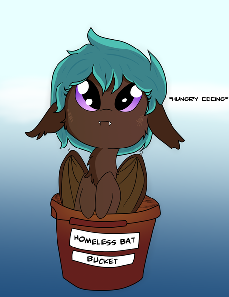 Size: 1072x1392 | Tagged: safe, artist:sweetai belle, artist:tjpones, derpibooru import, oc, unofficial characters only, bat pony, pony, bat bucket, big eyes, bucket, chest fluff, colored, cute, descriptive noise, eeee, fangs, floppy ears, frown, gradient background, homeless, hungry, leaning, looking up, meme, sad, sadorable, solo, tjpones is trying to murder us