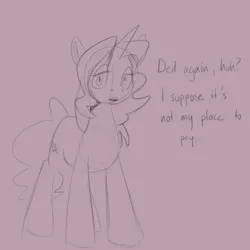 Size: 700x700 | Tagged: safe, artist:goat train, deleted from derpibooru, derpibooru import, oc, oc:gloomy, unofficial characters only, pony, unicorn, dialogue, looking at you, monochrome, open mouth, simple background, sketch, solo