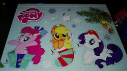 Size: 4160x2336 | Tagged: safe, derpibooru import, applejack, pinkie pie, rarity, pegasus, pony, absurd resolution, christmas, cute, flapplejack, jackabetes, merchandise, my little pony logo, race swap