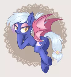 Size: 2700x2952 | Tagged: safe, artist:hawthornss, derpibooru import, oc, oc:moon sugar, unofficial characters only, bat pony, pony, bedroom eyes, cute little fangs, dock, ear fluff, eyeshadow, fangs, hair accessory, looking at you, makeup, plot, simple background, solo, underhoof