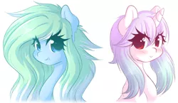 Size: 1280x741 | Tagged: safe, artist:fluffymaiden, derpibooru import, oc, oc:amaranthine sky, oc:reverie, unofficial characters only, pony, unicorn, blushing, bust, colored pupils, cute, duo, duo female, ear fluff, fangs, female, looking at you, simple background, smiling, snaggletooth, white background