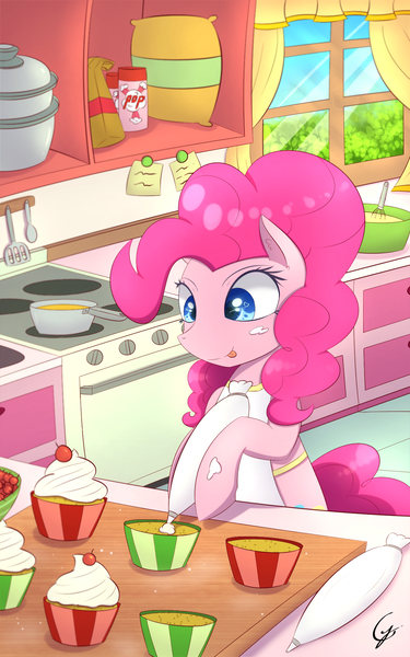 Size: 1200x1920 | Tagged: safe, artist:joe0316, artist:laptop-pone, derpibooru import, pinkie pie, pony, :p, apron, bipedal, cherry, clothes, colored pupils, cupcake, dessert, ear fluff, food, frosting, heart eyes, hoof hold, indoors, kitchen, oven, pot, signature, solo, stove, tongue out, updated, whipped cream, wingding eyes