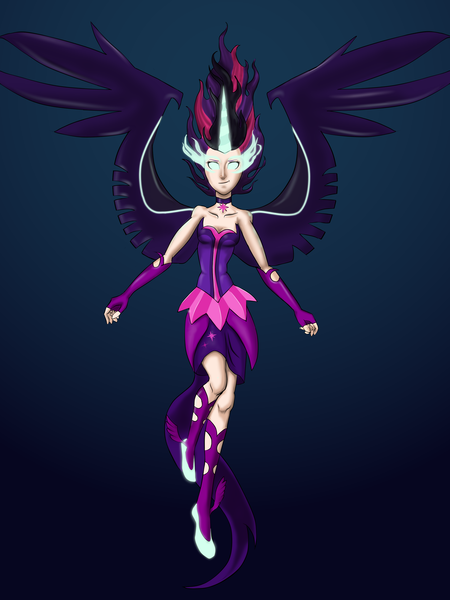 Size: 2916x3888 | Tagged: safe, artist:dinosaurcol, derpibooru import, sci-twi, twilight sparkle, human, equestria girls, friendship games, clothes, gloves, gradient background, horned humanization, human coloration, humanized, jewelry, light skin, long gloves, midnight sparkle, necklace, pale skin, solo, winged humanization, wings