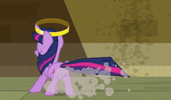 Size: 545x320 | Tagged: safe, derpibooru import, edit, edited screencap, editor:watermelon changeling, screencap, twilight sparkle, twilight sparkle (alicorn), alicorn, pony, daring don't, animated, female, gif, glowing horn, grin, horn grab, keep away, mare, reversed, rings of scorchero, sliding, smiling, solo