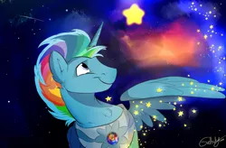 Size: 1280x839 | Tagged: safe, artist:rutkotka, derpibooru import, oc, oc:starlight, unofficial characters only, alicorn, clothes, ear fluff, male, rainbow hair, solo, stallion, stars