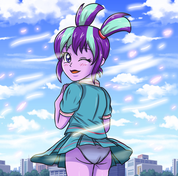 Size: 3507x3472 | Tagged: suggestive, artist:sumin6301, derpibooru import, snowfall frost, starlight glimmer, equestria girls, alternate hairstyle, ass, blue underwear, blushing, clothes, cute, equestria girls-ified, female, looking back, one eye closed, panties, pigtails, pleated skirt, rear view, skirt, skirt lift, solo, solo female, underwear, upskirt, white underwear, wind, wink