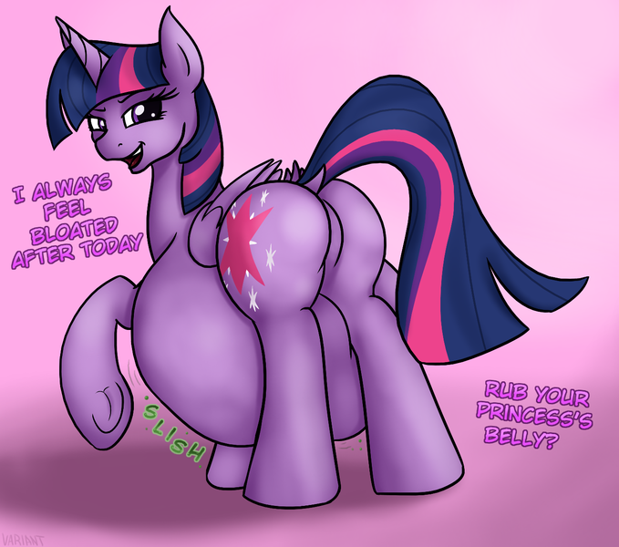 Size: 1387x1225 | Tagged: grimdark, questionable, artist:variant, derpibooru import, twilight sparkle, twilight sparkle (alicorn), alicorn, pony, belly, dialogue, digestion, featureless crotch, fetish, looking at you, looking back, plot, same size vore, stomach noise, twibutt, twipred, variant's birthday, vore