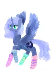 Size: 681x893 | Tagged: safe, artist:twico, derpibooru import, princess luna, pony, clothes, cute, female, mare, raised hoof, simple background, smiling, socks, solo, spread wings, striped socks, white background