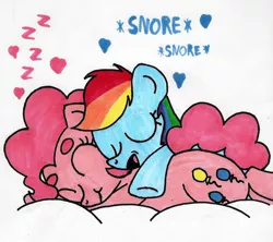 Size: 1280x1139 | Tagged: artist:autisticponies, cuddling, cute, derpibooru import, hug, pinkie pie, pony pillow, rainbow dash, safe, sleeping, snoring, snuggling, zzz