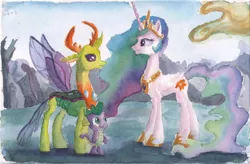 Size: 1442x945 | Tagged: safe, artist:plainoasis, derpibooru import, princess celestia, spike, thorax, alicorn, changedling, changeling, dragon, pony, to where and back again, king thorax, scene interpretation, traditional art, watercolor painting