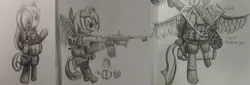 Size: 2428x823 | Tagged: artist:mr.candy_owo, body armor, clothes, derpibooru import, flying, gun, machine gun, monochrome, rifle, safe, shield, sketch, traditional art, weapon