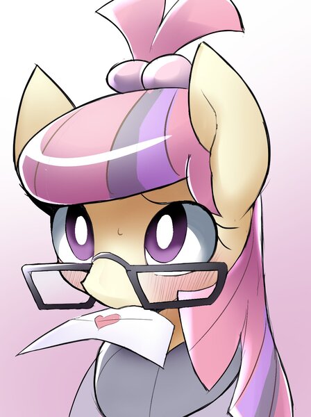 Size: 1244x1666 | Tagged: safe, artist:ccc, derpibooru import, moondancer, pony, unicorn, blushing, cute, dancerbetes, female, glasses, letter, mare, missing horn, mouth hold, solo