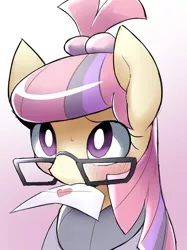 Size: 1244x1666 | Tagged: safe, artist:ccc, derpibooru import, moondancer, pony, unicorn, blushing, cute, dancerbetes, female, glasses, letter, mare, missing horn, mouth hold, solo