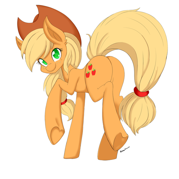 Size: 3000x3000 | Tagged: applebutt, applejack, artist:demonfox, cowboy hat, cute, derpibooru import, freckles, hat, heart hoof, jackabetes, plot, safe, signature, simple background, smiling, solo, stetson, underhoof