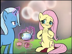 Size: 1168x862 | Tagged: dead source, suggestive, artist:pencils, derpibooru import, fluttershy, trixie, pony, unicorn, bedroom eyes, blushing, cup, cushion, female, flutterpet, fluttershy wants to be a pet, implied bdsm, implied shipping, lesbian, levitation, lidded eyes, looking at each other, magic, mare, open mouth, pillow, shipping, sitting, teapot, telekinesis, trixieshy, unamused