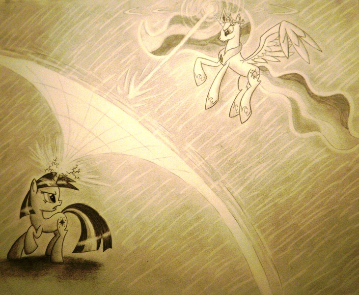 Size: 1946x1598 | Tagged: safe, artist:vulpessentia, derpibooru import, princess celestia, twilight sparkle, fight, monochrome