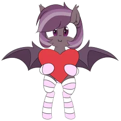 Size: 1280x1274 | Tagged: suggestive, artist:wafflecakes, derpibooru import, oc, oc:iris, unofficial characters only, bat pony, pony, bipedal, clothes, cute little fangs, fangs, female, heart, holding, looking at you, panties, simple background, smiling, socks, solo, solo female, spread wings, stockings, striped socks, transparent background, underwear