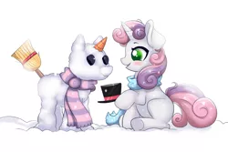 Size: 1500x1000 | Tagged: safe, artist:confetticakez, derpibooru import, sweetie belle, blushing, broom, carrot, clothes, cute, food, hat, open mouth, scarf, simple background, sitting, smiling, snow, snowpony, solo, top hat, underhoof, white background