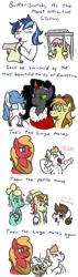 Size: 662x2329 | Tagged: safe, artist:jargon scott, derpibooru import, big macintosh, braeburn, bulk biceps, discord, fancypants, flim, fluttershy, king sombra, pipsqueak, shining armor, zephyr breeze, earth pony, pegasus, pony, unicorn, all the mares tease butterscotch, aura winds, bailey sweet, bedroom eyes, blushing, buffy biceps, butterscotch, butterscotch gets all the mares, cage, clothes, comic, dialogue, ear piercing, earring, eris, fancy skirt, female, futurama, gleaming shield, imminent incest, implied sex, jail cell, jewelry, macareina, mare, monocle, piercing, pipi, pipsqueak (female), pls, queen umbra, reference, rule 63, scroll, shim, shirt, snu-snu, spread wings, stallion in distress, unshorn fetlocks, vaping