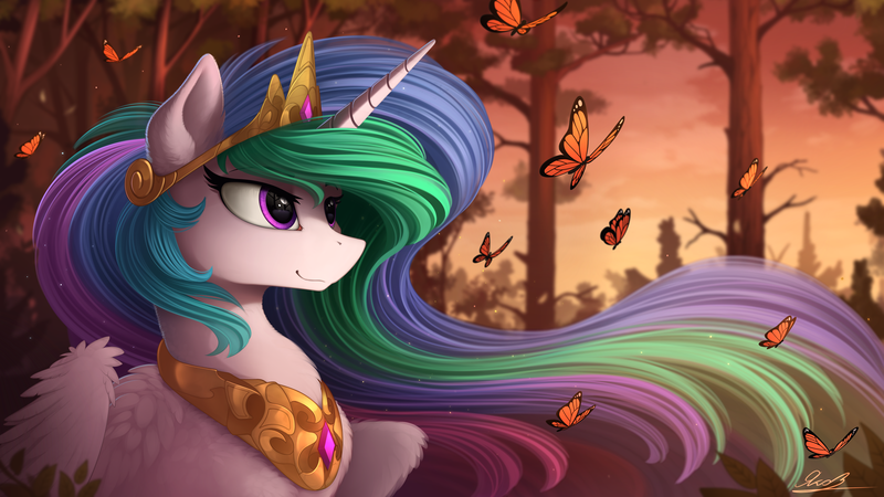 Size: 2500x1407 | Tagged: safe, artist:yakovlev-vad, derpibooru import, princess celestia, alicorn, butterfly, pony, bedroom eyes, bust, chest fluff, cute, detailed, ear fluff, female, fluffy, forest, jewelry, lidded eyes, mare, modified accessory, nature, necklace, scenery, smiling, solo, spread wings, wing fluff