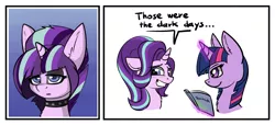 Size: 1280x585 | Tagged: safe, artist:duop-qoub, derpibooru import, starlight glimmer, twilight sparkle, twilight sparkle (alicorn), alicorn, pony, unicorn, blushing, bust, chest fluff, choker, comic, dialogue, edgelight glimmer, embarrassed, emo, goth, grin, hilarious in hindsight, levitation, lidded eyes, magic, nervous, nervous grin, portrait, punk, smiling, smuglight sparkle, teenage glimmer, teenager, telekinesis, yearbook, yearbook photo