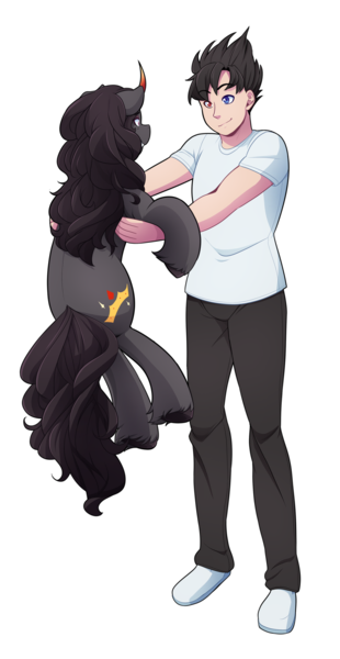 Size: 1965x3800 | Tagged: safe, artist:mylittlesheepy, derpibooru import, oc, oc:golden jewel, oc:tobias, unofficial characters only, human, pony, heterochromia, holding a pony, non-mlp oc, simple background, transparent background