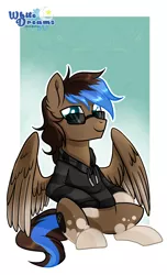 Size: 1781x2932 | Tagged: safe, artist:xwhitedreamsx, derpibooru import, oc, oc:playthrough, unofficial characters only, pegasus, pony, clothes, glasses, hoodie, looking back, male, sitting, smiling, solo, spread wings, stallion, sunglasses