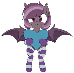 Size: 8301x8263 | Tagged: suggestive, artist:wafflecakes, derpibooru import, oc, oc:iris, unofficial characters only, bat pony, pony, absurd resolution, bipedal, clothes, cute little fangs, fangs, female, heart, holding, looking at you, panties, simple background, smiling, socks, solo, solo female, spread wings, stockings, striped socks, transparent background, underwear