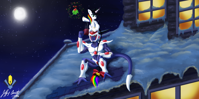 Size: 2000x1000 | Tagged: safe, artist:penspark, derpibooru import, oc, unofficial characters only, alicorn, pony, alicorn oc, christmas, crossover, dragon ball z, frost demon, full moon, moon, roof, rooftop, snow, stars