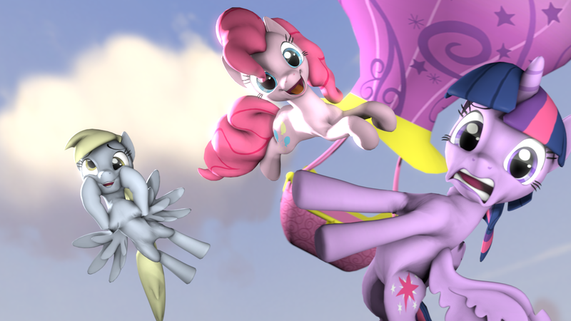 Size: 1280x720 | Tagged: safe, artist:sugarcube-cake, derpibooru import, derpy hooves, pinkie pie, twilight sparkle, twilight sparkle (alicorn), alicorn, pony, 3d, cloud, hot air balloon, oh shi, random, sky, source filmmaker, twinkling balloon