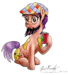 Size: 1540x1686 | Tagged: safe, artist:invalid-david, derpibooru import, oc, oc:blue impasto, unofficial characters only, earth pony, pony, 2017 community collab, derpibooru community collaboration, beard, coffee, facial hair, fluffy, frown, hat, hoof hold, paint, simple background, sitting, solo, traditional art, transparent background, watercolor painting