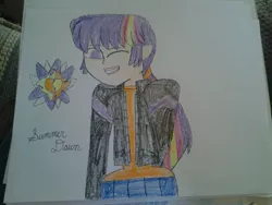 Size: 2048x1536 | Tagged: artist:britishgirl2012, clothes, crayon drawing, crossover, cutie mark, derpibooru import, human coloration, jacket, magical lesbian spawn, next generation, oc, oc:summer dawn, offspring, parent:sci-twi, parents:scitwishimmer, parents:sunsetsparkle, parent:sunset shimmer, parent:twilight sparkle, safe, simple background, solo, total drama, traditional art, unofficial characters only