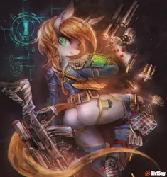 Size: 1318x1400 | Tagged: suggestive, artist:girlsay, derpibooru import, oc, oc:littlepip, unofficial characters only, anthro, plantigrade anthro, unicorn, fallout equestria, fanfic, ammunition, anthro oc, armed to the teeth, art trade, ass, assault rifle, belt, bottomless, clothes, fanfic art, female, glowing horn, gun, handgun, hooves, horn, little macintosh, looking back, magic, mare, optical sight, partial nudity, patreon, patreon logo, pipbuck, pipbutt, plot, rear view, revolver, rifle, solo, telekinesis, vault boy, vault suit, weapon, zebra rifle