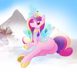 Size: 3000x2823 | Tagged: safe, artist:b-epon, derpibooru import, princess cadance, pony, crystal, female, levitation, looking at you, looking back, lovebutt, magic, mare, plot, side, smiling, snow, snowfall, solo, telekinesis, tundra