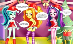Size: 5000x3000 | Tagged: suggestive, artist:dieart77, derpibooru import, adagio dazzle, aria blaze, sonata dusk, equestria girls, absurd resolution, ass, bare shoulders, blushing, breasts, christmas, christmas tree, cleavage, clothes, costume, dialogue, dress, engrish, exclamation point, eyes closed, female, hat, holiday, looking back, open mouth, panties, pink underwear, present, purple underwear, question mark, santa costume, santa hat, sexy, sexy santa costume, skirt, sleeveless, socks, speech bubble, strapless, striped socks, the dazzlings, tree, underwear, upskirt