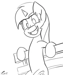 Size: 500x600 | Tagged: safe, artist:platenjack, derpibooru import, lyra heartstrings, pony, unicorn, bench, black and white, grayscale, grin, happy, looking at you, meme, monochrome, simple background, sitting, sitting lyra, smiling, solo, white background