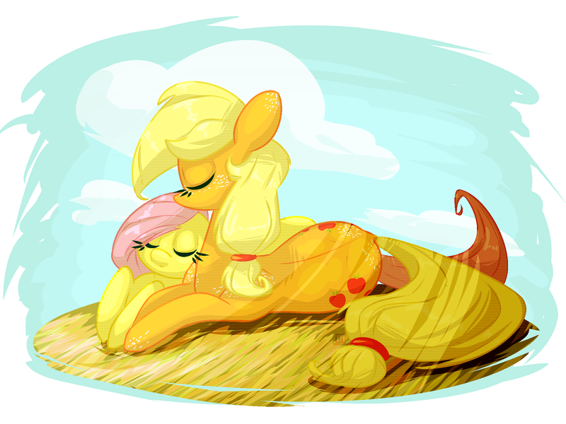 Size: 2000x1500 | Tagged: aplflu, applejack, appleshy, artist:ogaraorcynder, both cutie marks, cuddling, cute, derpibooru import, eyes closed, female, fluttershy, lesbian, prone, resting, safe, shipping, snuggling