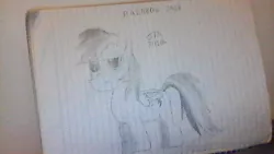 Size: 640x360 | Tagged: safe, artist:equestriangamer2, derpibooru import, rainbow dash, black and white, cutie mark, grayscale, lined paper, monochrome, name, notebook, signature, solo, traditional art, wall