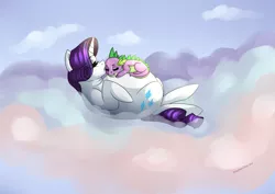 Size: 1753x1240 | Tagged: dead source, safe, artist:potates-chan, derpibooru import, rarity, spike, adorafatty, belly, belly bed, big belly, chubby, chubby cheeks, cloud, cute, eyes closed, fat, kissing, male, on back, raribetes, raritubby, shipping, sleeping, sparity, straight