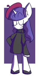 Size: 736x1384 | Tagged: anthro, artist:typhwosion, beatnik rarity, beret, clothes, derpibooru import, eyes closed, hat, rarity, safe, shoes, simple background, solo, sweater, transparent background, turtleneck, unguligrade anthro