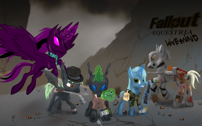 Size: 1920x1200 | Tagged: safe, artist:coffeerings, derpibooru import, oc, oc:emjay, oc:hero, oc:misty la moon, oc:serenity, oc:tidbit, unofficial characters only, alicorn, bat pony, changeling, ghoul, pony, unicorn, fallout equestria, group, hivemind, steel ranger