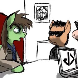 Size: 600x600 | Tagged: semi-grimdark, artist:thebathwaterhero, derpibooru import, oc, unofficial characters only, earth pony, minotaur, pegasus, pony, cyoa:semantic error, computer, cyberpunk, cyoa, laptop computer, male, picture frame, stallion, story included, sunglasses