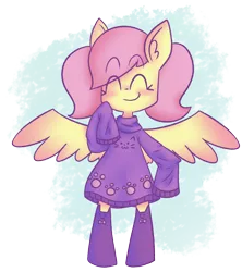 Size: 1352x1521 | Tagged: safe, artist:typhwosion, derpibooru import, fluttershy, pegasus, pony, semi-anthro, :3, alternate hairstyle, bipedal, blushing, clothes, cute, digital art, dress, ear fluff, eyes closed, female, long sleeves, mare, oversized clothes, paw prints, pigtails, pink hair, pink mane, pink tail, purple socks, purple sweater, simple background, smiling, socks, solo, spread wings, standing, stockings, sweater, sweater dress, sweatershy, thigh highs, transparent background, turtleneck, wings, yellow coat